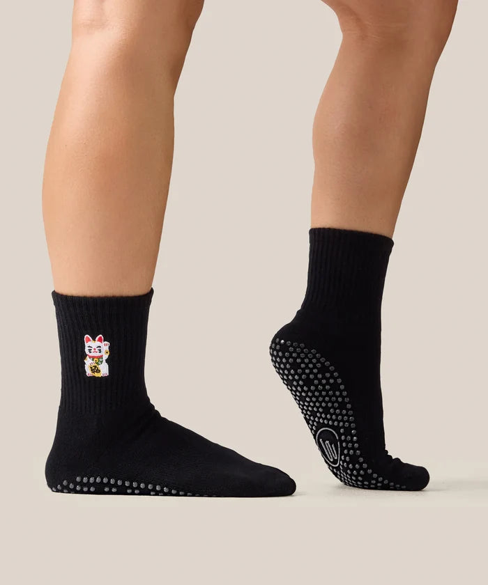 [MoveActive] Crew Non Slip Grip Socks - Fortune Kitty Black