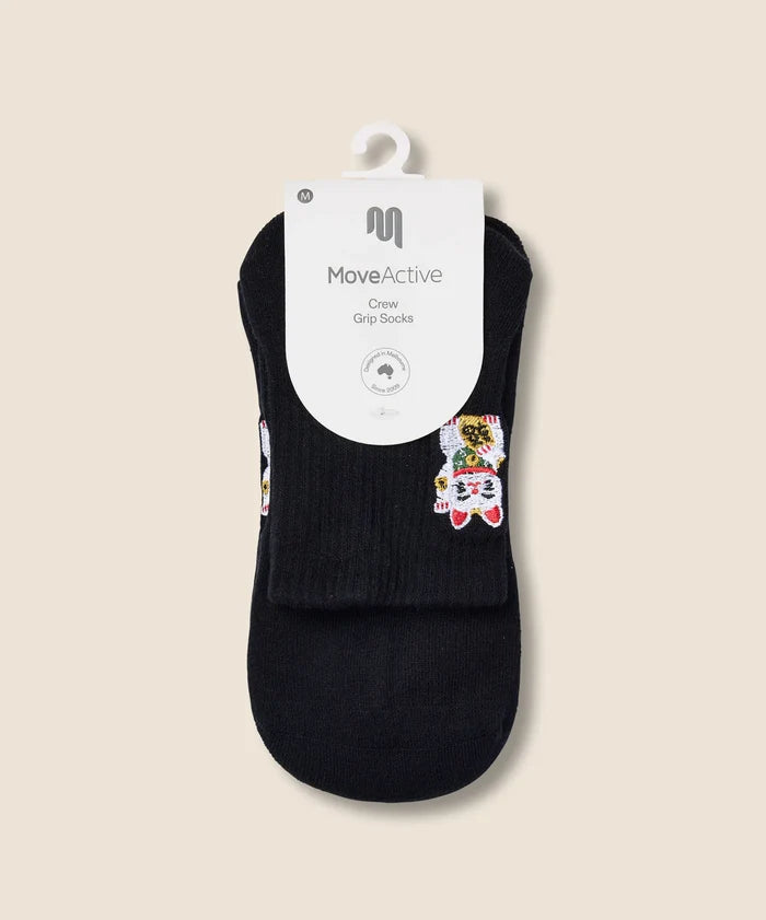 [MoveActive] Crew Non Slip Grip Socks - Fortune Kitty Black