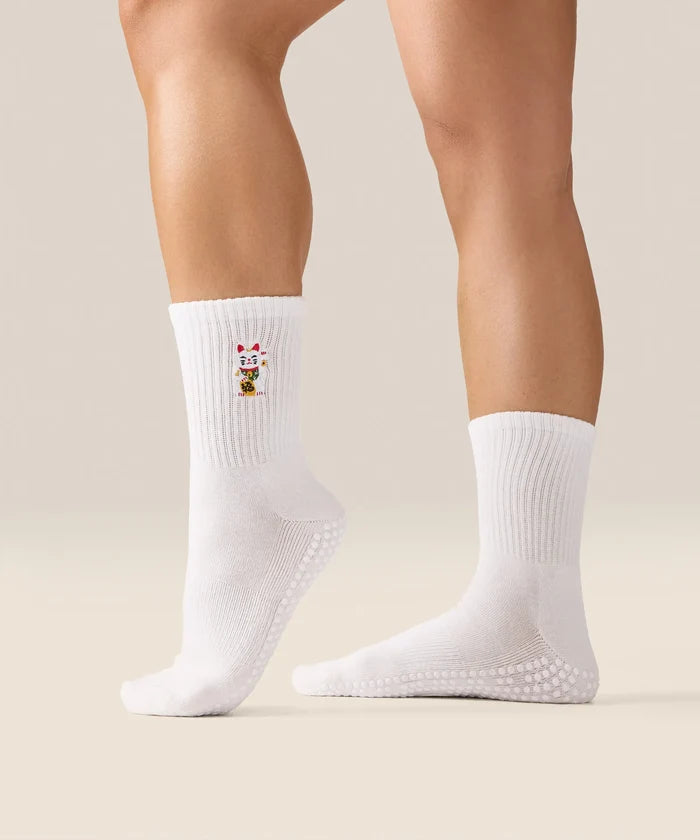 [MoveActive] Crew Non Slip Grip Socks - Fortune Kitty Ivory