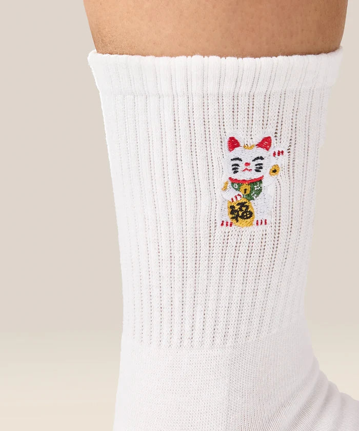 [MoveActive] Crew Non Slip Grip Socks - Fortune Kitty Ivory