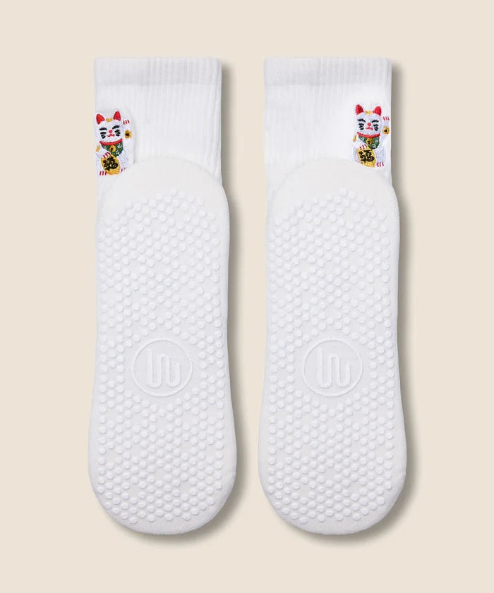 [MoveActive] Crew Non Slip Grip Socks - Fortune Kitty Ivory