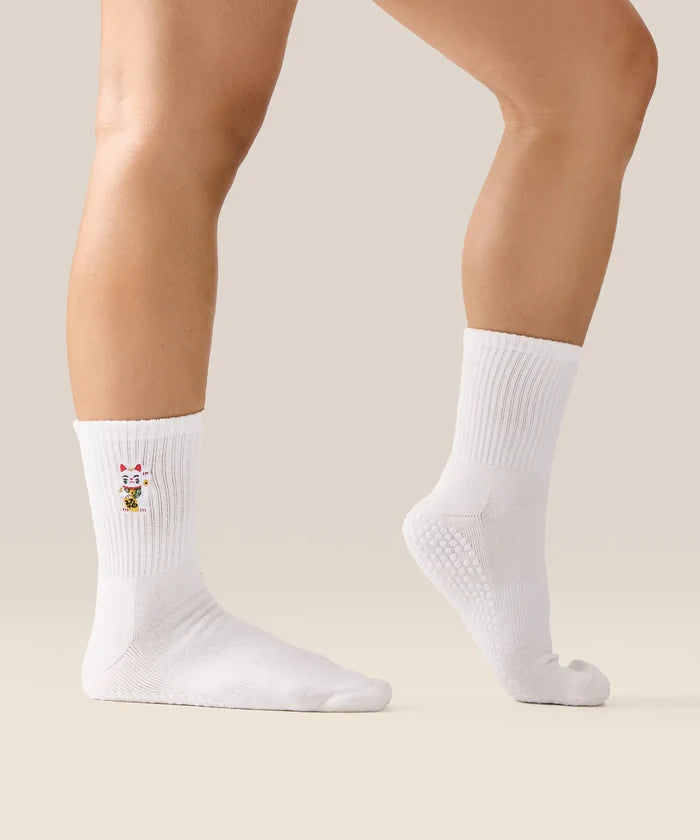 [MoveActive] Crew Non Slip Grip Socks - Fortune Kitty Ivory