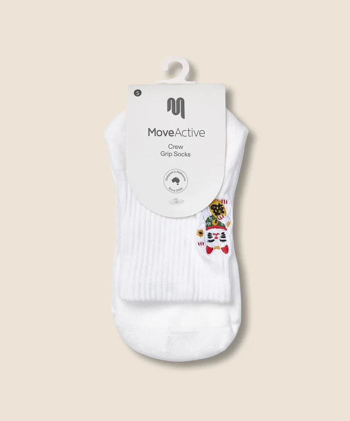 [MoveActive] Crew Non Slip Grip Socks - Fortune Kitty Ivory