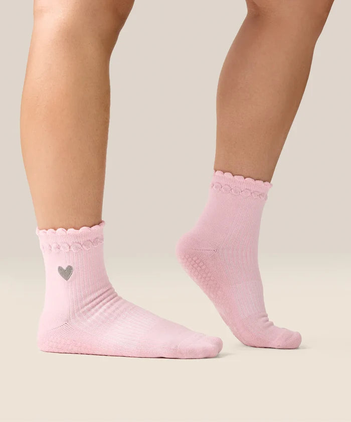 [MoveActive] Crew Non Slip Grip Socks - Heart Ruffle Pink
