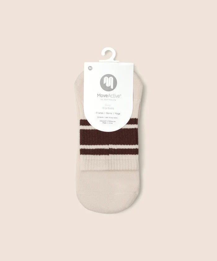 [MoveActive] Crew Non Slip Grip Socks - Oat Espresso Stripe