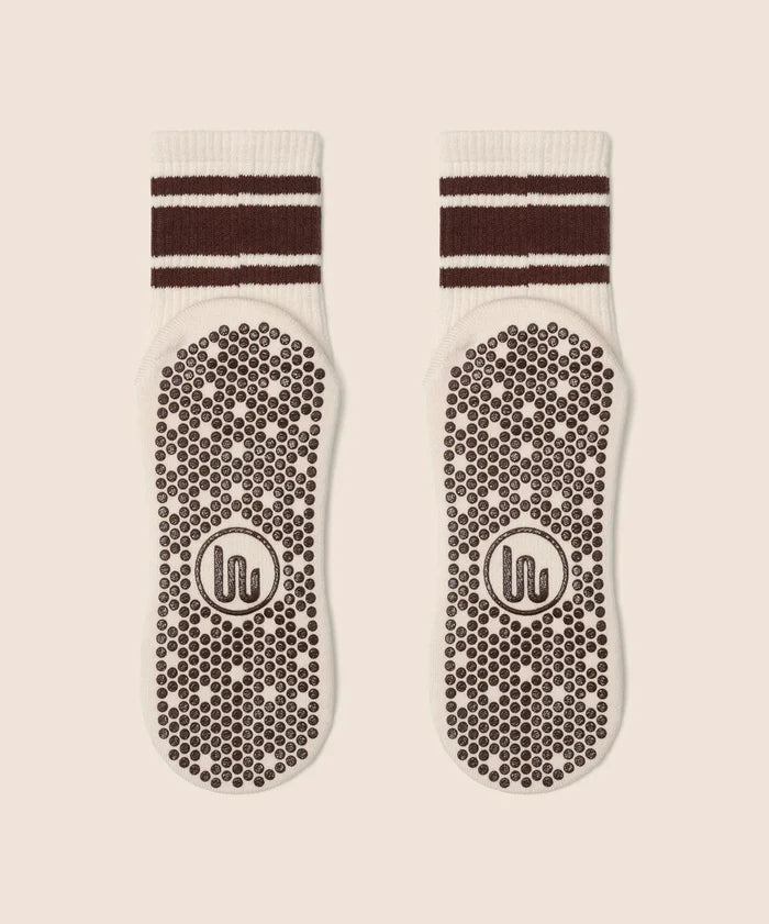 [MoveActive] Crew Non Slip Grip Socks - Oat Espresso Stripe