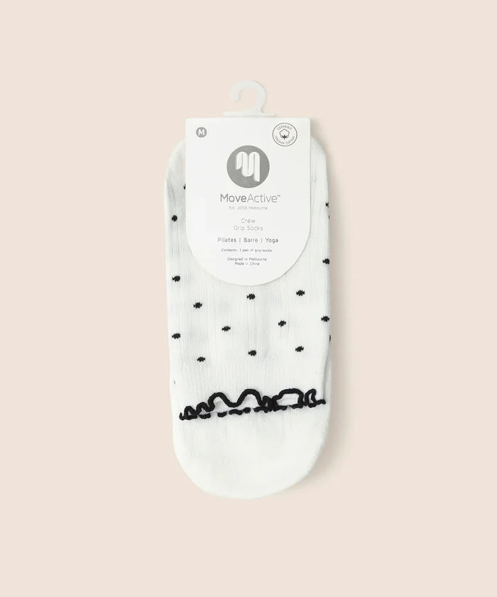 [MoveActive] Crew Non Slip Grip Socks - White Polka Ruffle