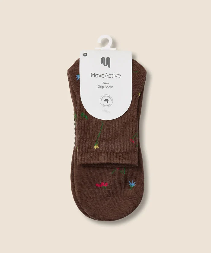 [MoveActive] Crew Non Slip Grip Socks - Wildflower Brown