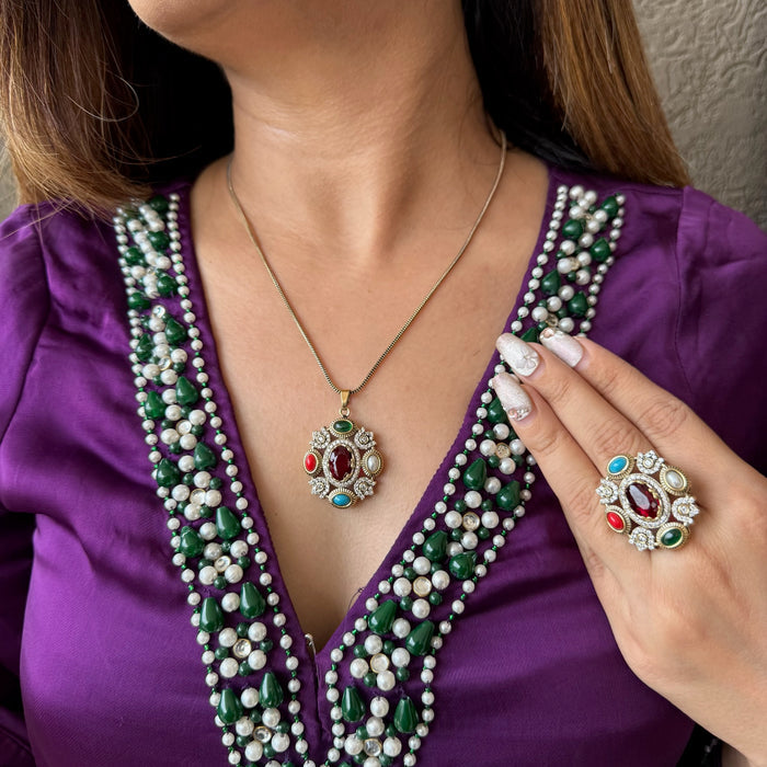 Nayaab Aliza Combo set - pendant,studs,ring-adjustable