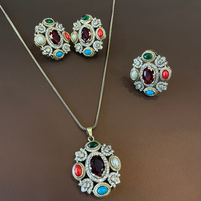 Nayaab Aliza Combo set - pendant,studs,ring-adjustable