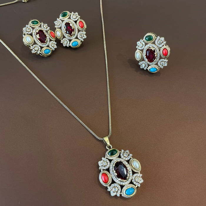 Nayaab Aliza Combo set - pendant,studs,ring-adjustable