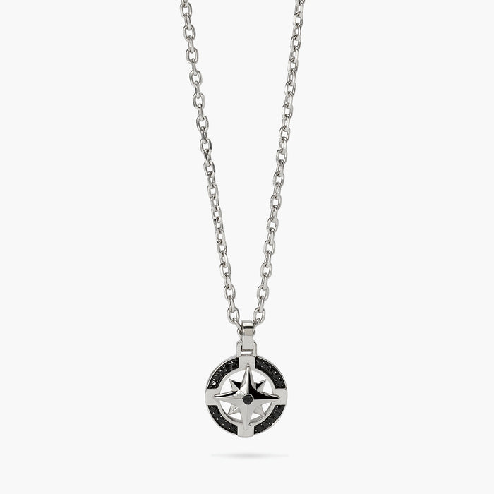 Collana con ciondolo rosa dei venti in acciaio e nero