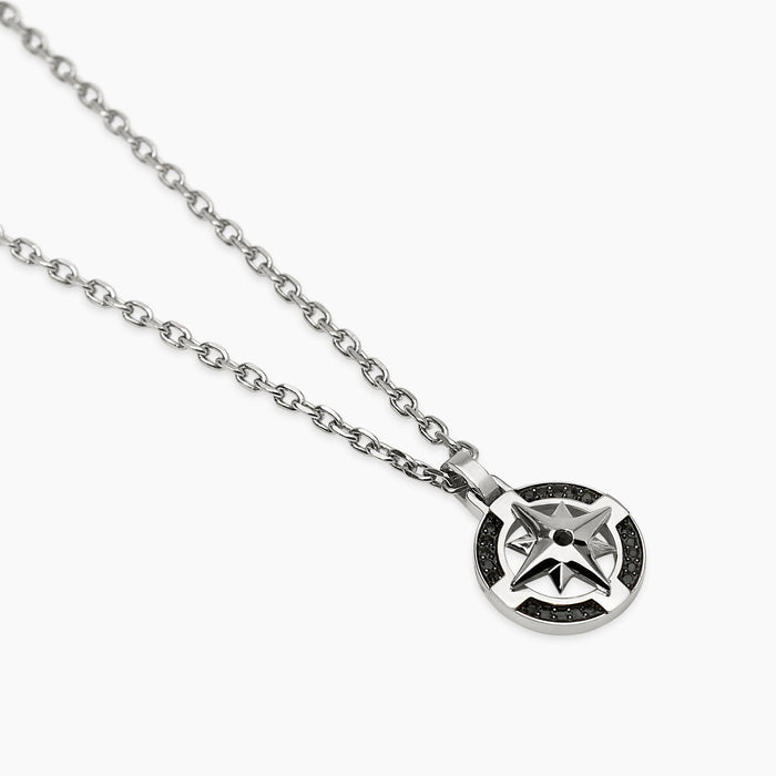 Collana con ciondolo rosa dei venti in acciaio e nero
