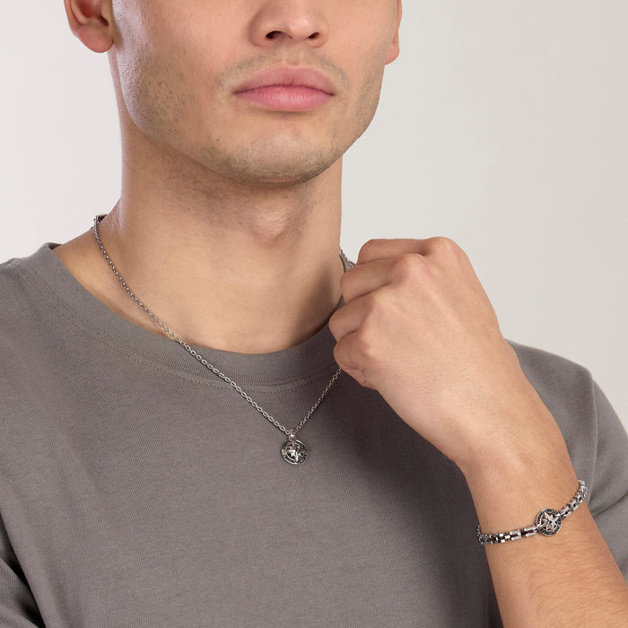 Collana con ciondolo rosa dei venti in acciaio e nero