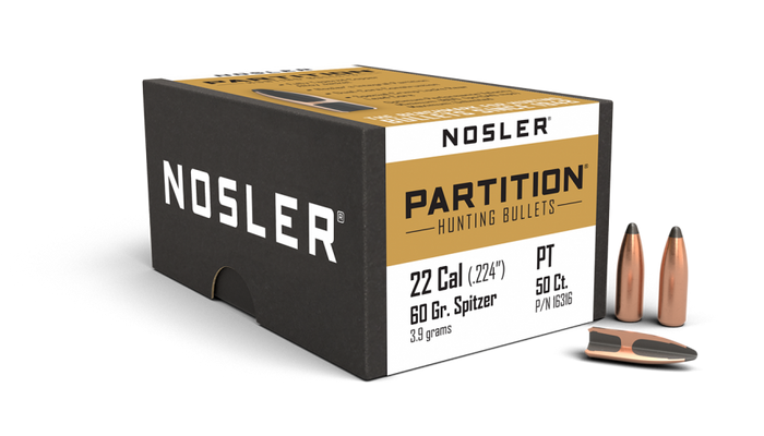 Nosler .224 Diameter 60 Grain Sptizer Partition 50 Count Bullets