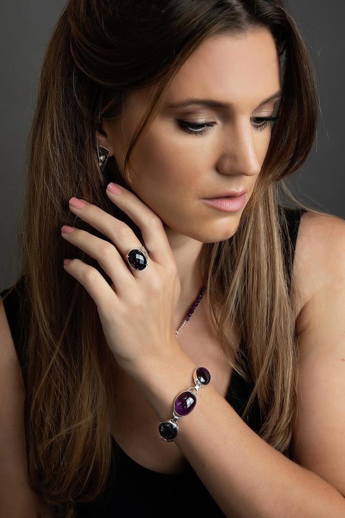 Oval Amethyst Checkerboard Top Ring - Handcrafted SS Artisan Jewelry, Size 9