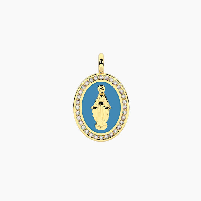 Ciondolo ovale con Madonnina smaltata azzurro