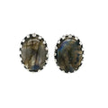 Photo of oval labradorite silver earrings on a white background front view