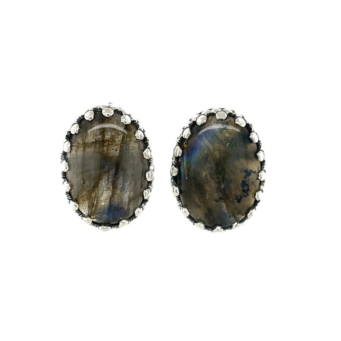 Photo of oval labradorite silver earrings on a white background front view