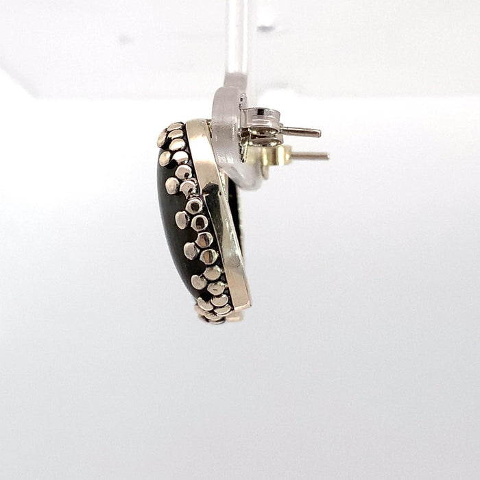 Photo of oval labradorite silver earrings on a white background Side view