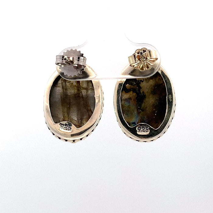 Photo of oval labradorite silver earrings on a white background Back view