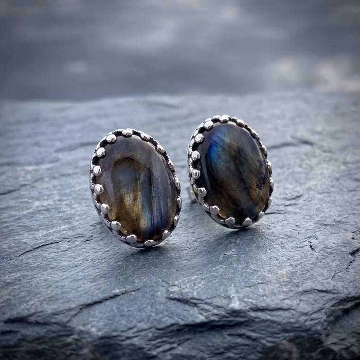 Oval Labradorite Earrings | Sterling Silver Studs with Filigree