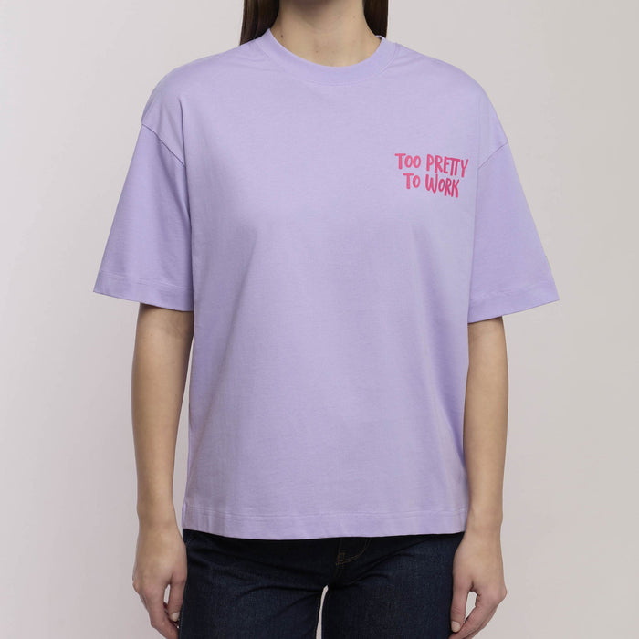 T-shirt oversize con scritta divertente "Too pretty to work"