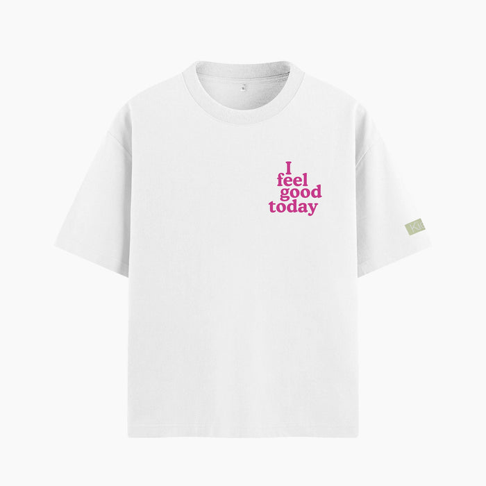 T-shirt oversize con frase "I feel good today"