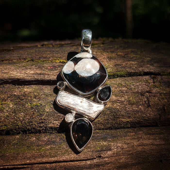 Peanut Wood Agate Pendant with Smoky Quartz & Pearl in Sterling Silver – 3.5" Artisan Statement Piece