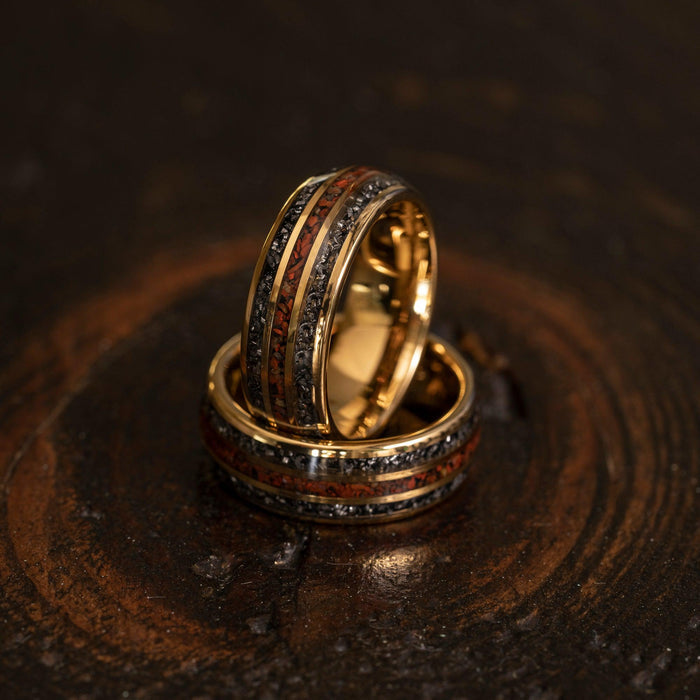 "Perseus" Yellow Gold Domed Tungsten Carbide Ring- Dinosaur and Meteorite- 6mm/8mm