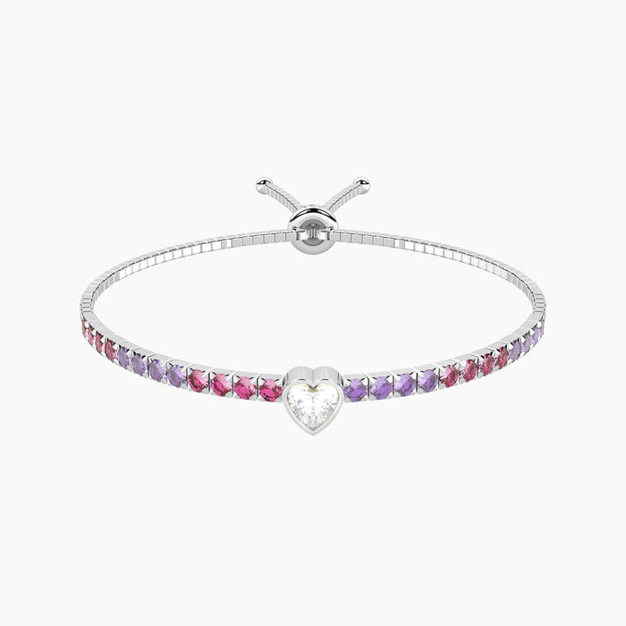 Bracciale tennis regolabile rosa e viola con cuore