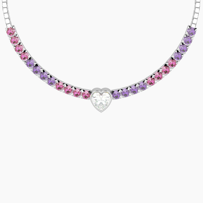 Bracciale tennis regolabile rosa e viola con cuore