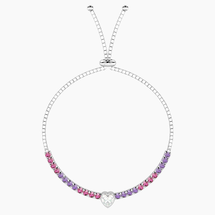 Bracciale tennis regolabile rosa e viola con cuore