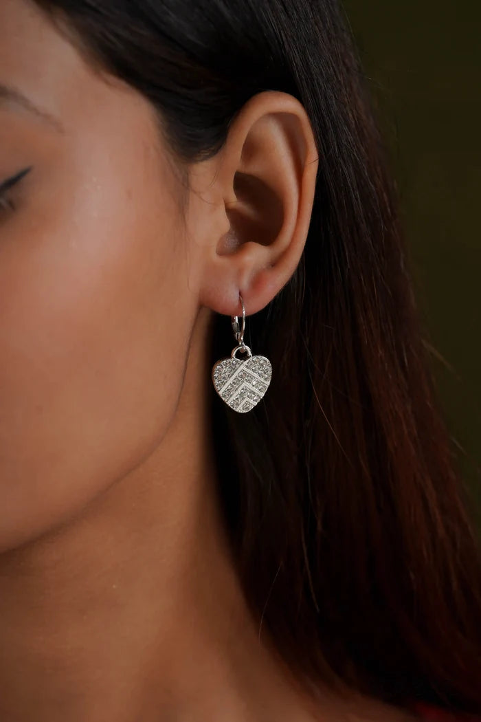Silver Studded Heart Drop Earrings