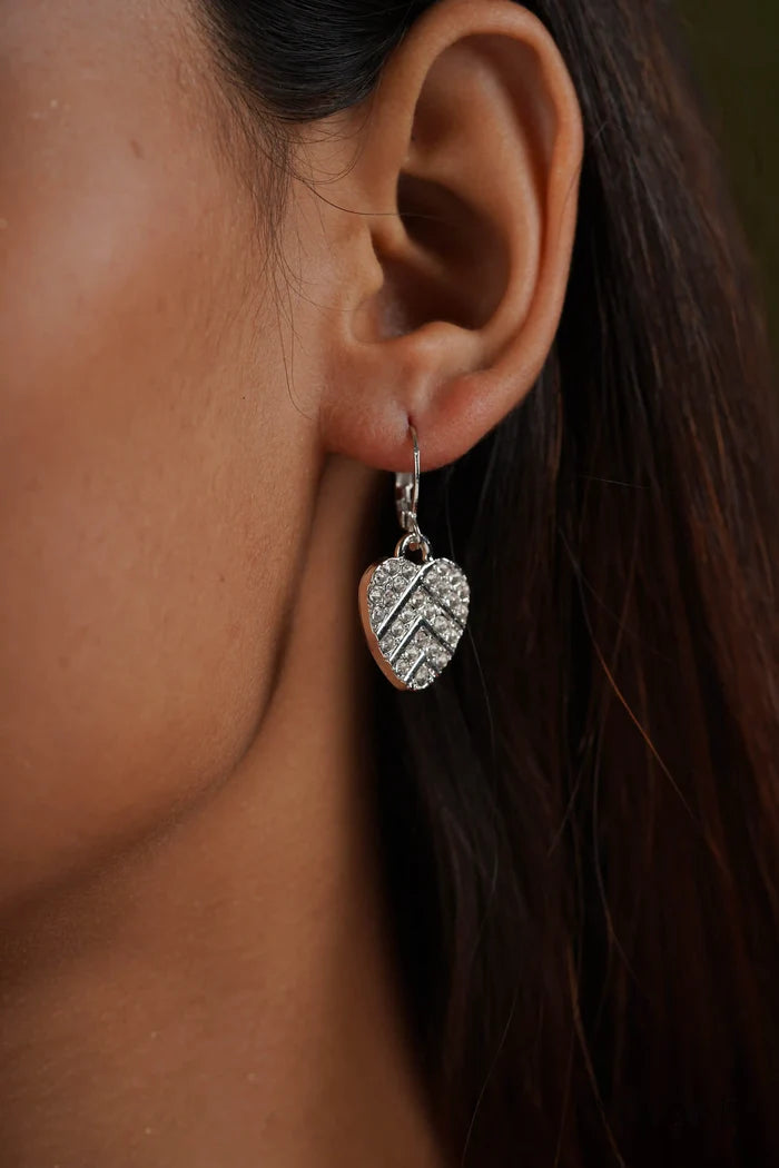 Silver Studded Heart Drop Earrings