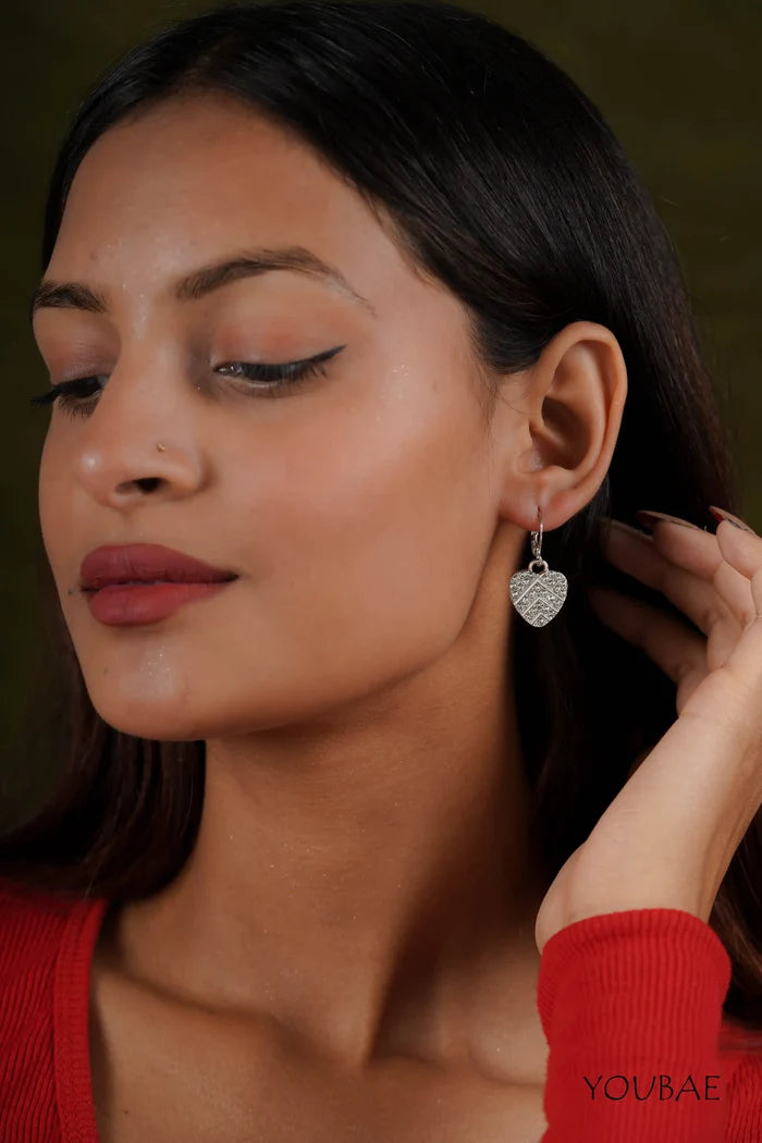 Silver Studded Heart Drop Earrings
