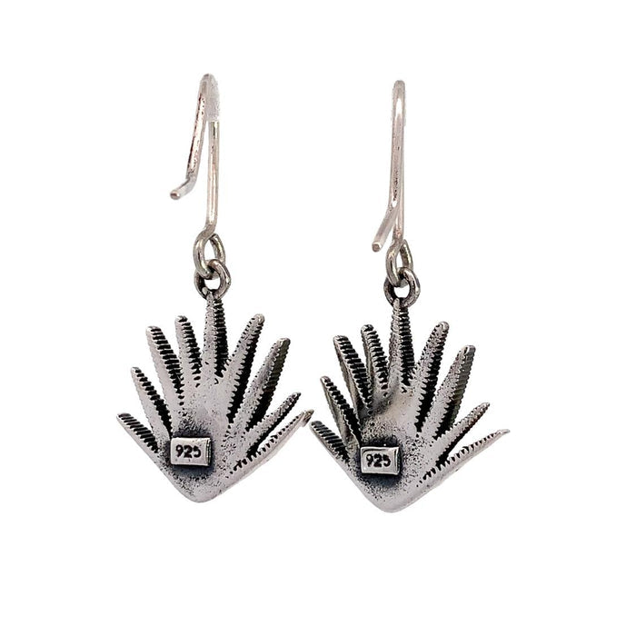 photo of a silver pair of agave-themed drop silver earrings rear view