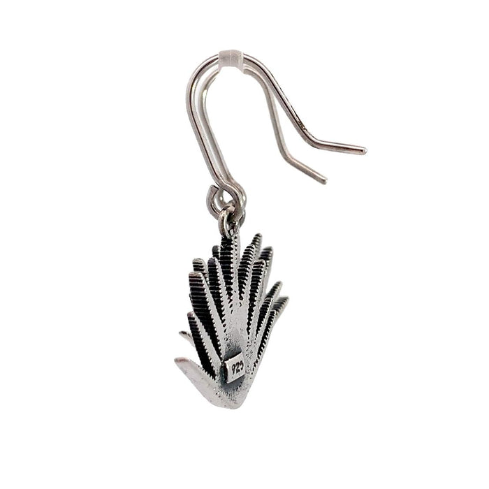 photo of a silver pair of agave-themed drop silver earrings  side view