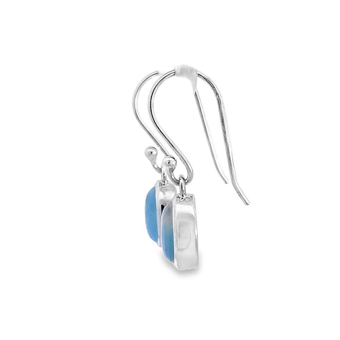Photo of a silver earring set with oval cabochon blue Larimar on a white background Side view