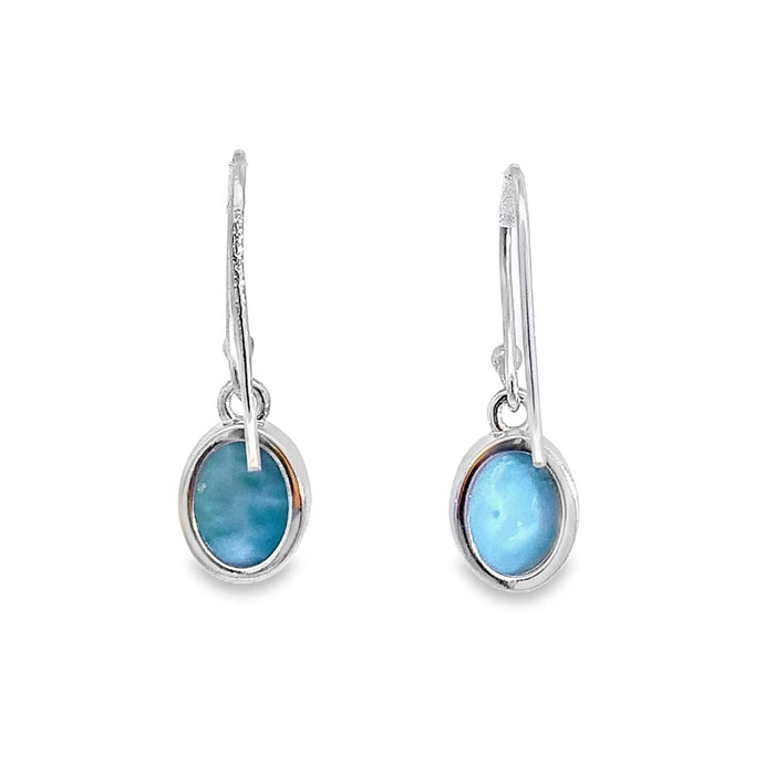 Photo of a silver earring set with oval cabochon blue Larimar on a white background Rear view