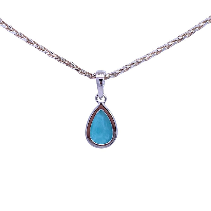 photo of a river pear-shaped blue Larimar pendant necklace on a white background rear view