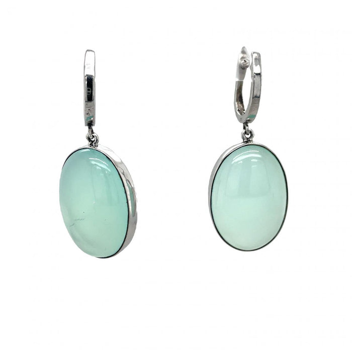 Photo of silver oval blue chalcedony drop earrings on a white background