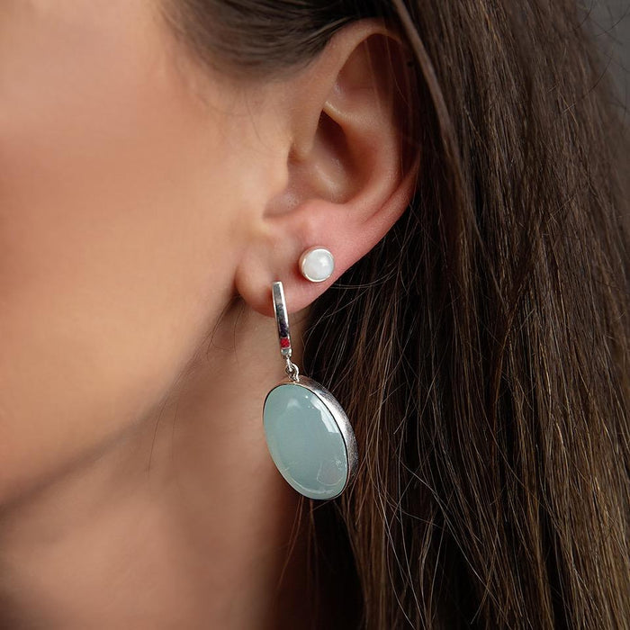 Sterling Silver Blue Chalcedony Earrings-Oval Cabochon Cuts Bezel Set