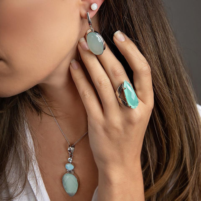 Sterling Silver Blue Chalcedony Earrings-Oval Cabochon Cuts Bezel Set