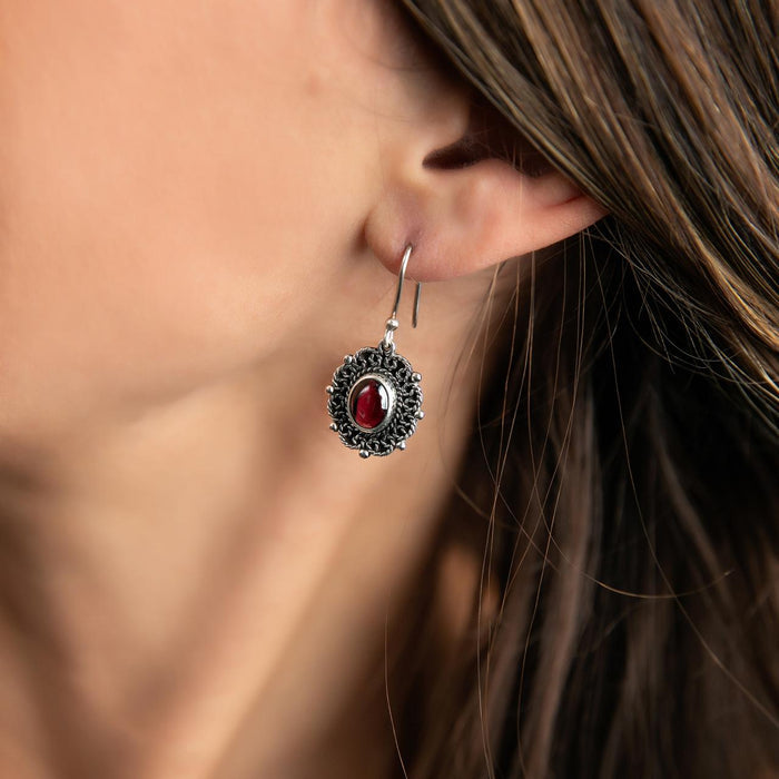 Sterling Silver Filigree Garnet Earrings - Handmade Artisan Jewelry