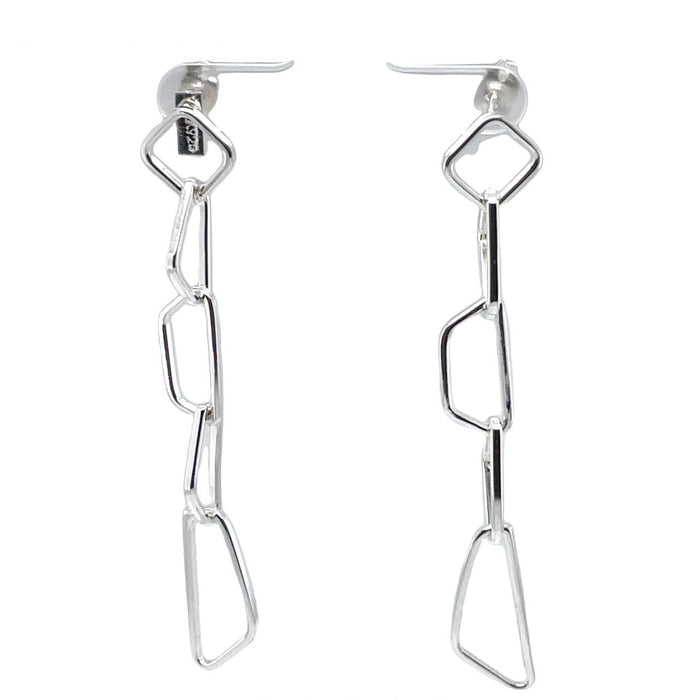 photo of a silver drop link earring on a white background