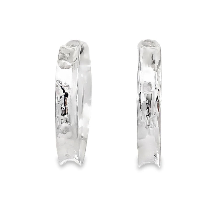 Taxco sterling silver concave hammered hoop earrings with textured artisan finish and post clutch backing