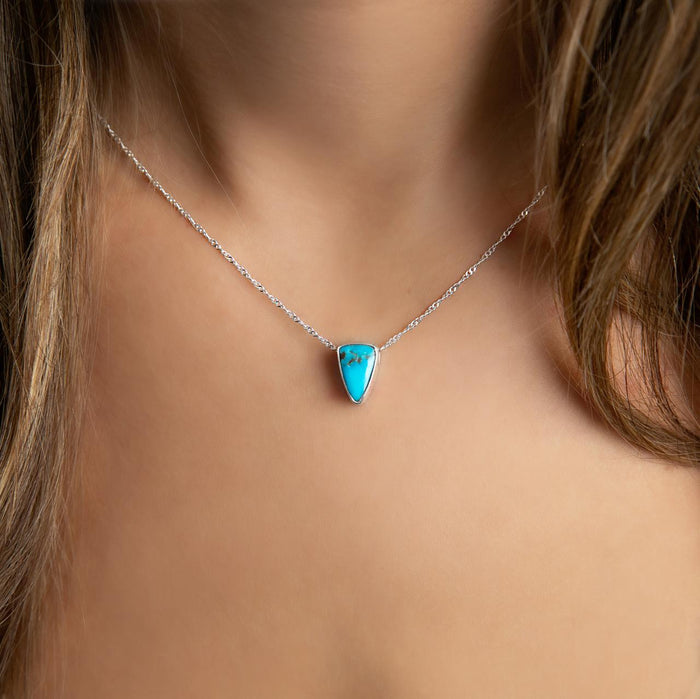 Sterling Silver Handmade Turquoise Shield Pendant Necklace – Artisan Signed