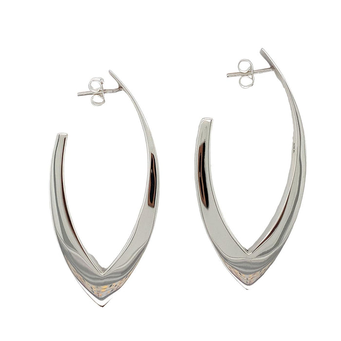 photo of a pair of silver v-shaped hoop earrings side view on a white background