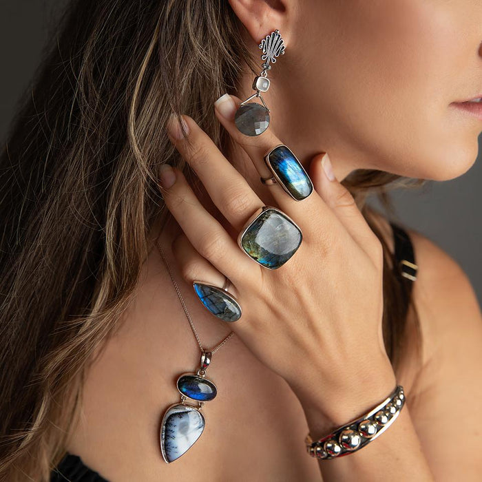 Sterling Silver Labradorite Ring-Artisan Made Rectangular Bezel Set Ring
